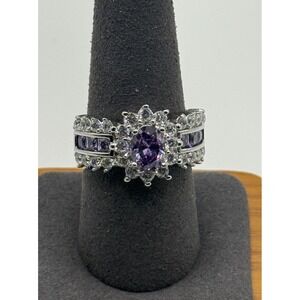 925 Sterling Silver Purple Gemstone Halo Ring Size 9 Cocktail Ring